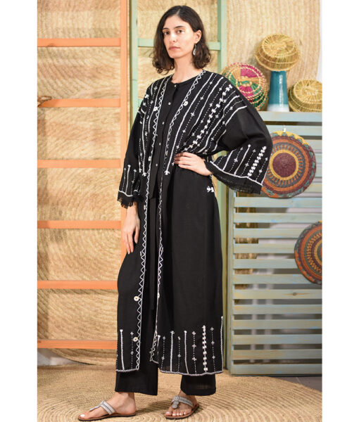 Black Siwa Embroidered Handwoven Linen Cardigan handmade in Egypt & available at Jozee boutique