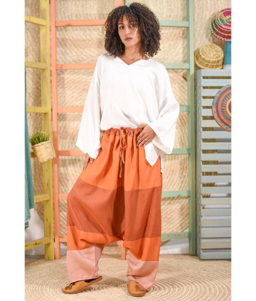 Shades of orange Viscose Harem Pants handmade in Egypt & available at Jozee Boutique.