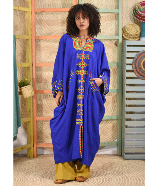Elictric Blue Siwa Embroidered Linen Kaftan handmade in Egypt & available at Jozee boutique