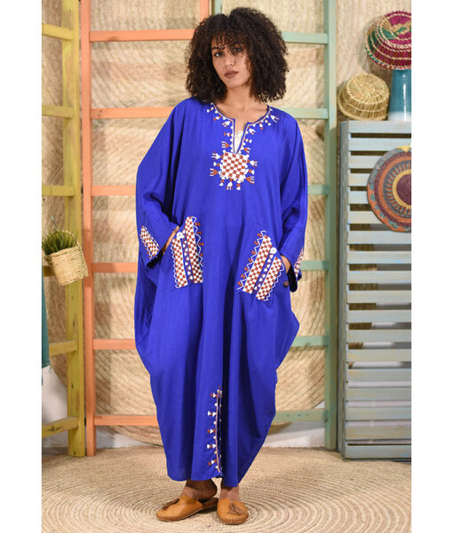 Elictric Blue Siwa Embroidered Linen Kaftan handmade in Egypt & available at Jozee boutique