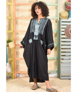 Black Siwa Embroidered Linen Kaftan handmade in Egypt & available at Jozee boutique