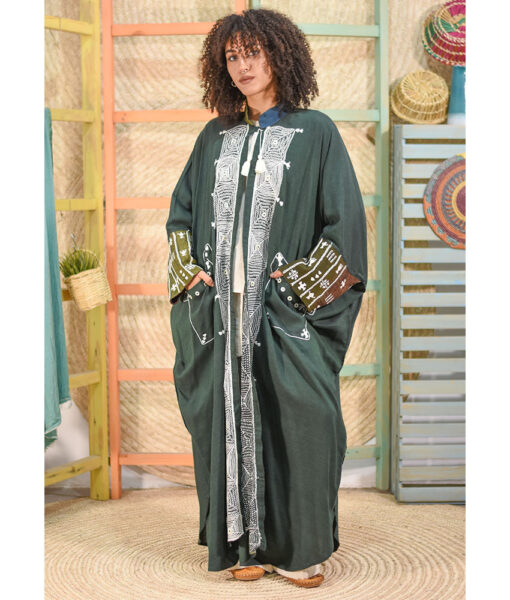 Emerald Green Siwa Embroidered Handwoven Viscose Japanese Cardigan with Cuffs handmade in Egypt & available at Jozee boutique