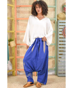 Blue Viscose Harem Pants handmade in Egypt & available at Jozee Boutique.