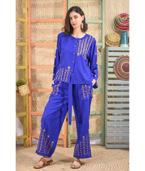Electric blue Linen Siwa Embroidered Set handmade in Egypt & available at Jozee boutique