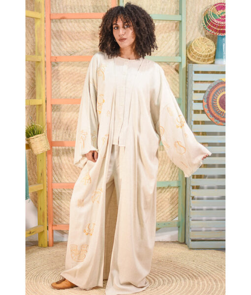 Beige Hand Painted Handwoven Linen Cardigan handmade in Egypt & available at Jozee boutique