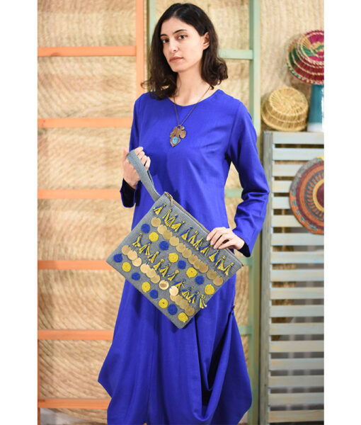 Blue Embroidered Burlap Clutch with Buttons handmade in Egypt & available at Jozee Boutique.