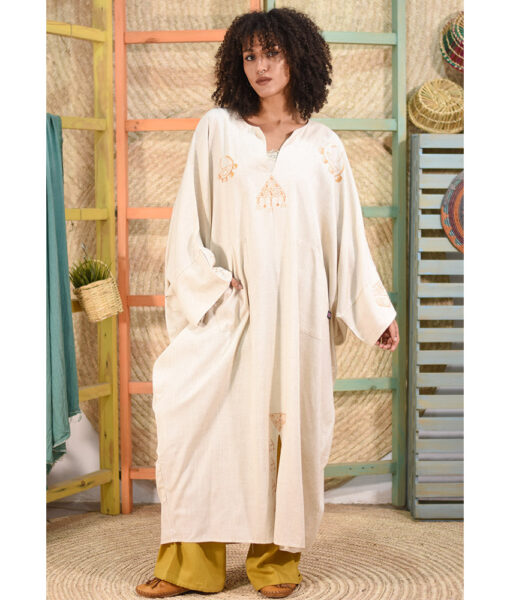 Off White Hand Painted Linen Kaftan Handmade in Egypt & available at Jozee Boutique