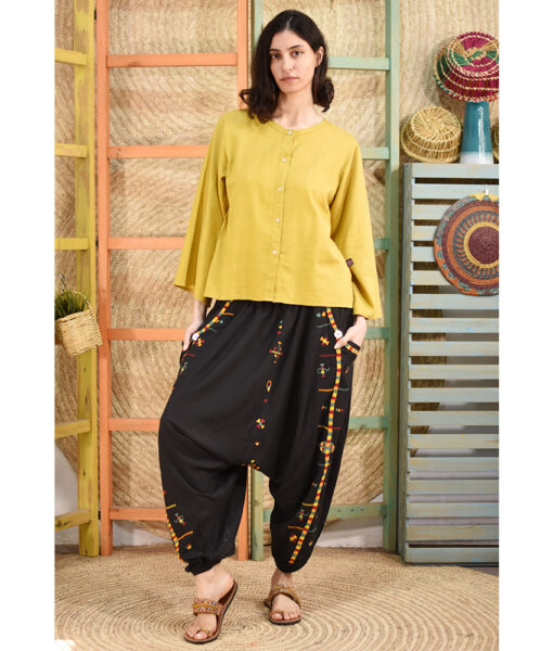 Black Siwa Embroidered Linen Harem Pants Handmade in Egypt & available at Jozee Boutique