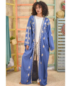 Blue Denim Siwa Embroidered Handwoven Linen Cardigan handmade in Egypt & available at Jozee boutique