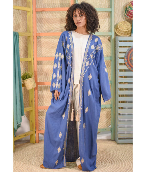 Blue Denim Siwa Embroidered Handwoven Linen Cardigan handmade in Egypt & available at Jozee boutique