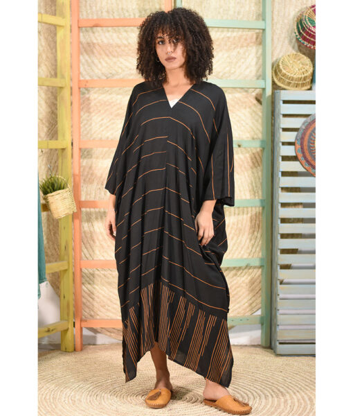 Black & Gold Oxide Handwoven Viscose Long Kaftan Handwoven Viscose Top made in Egypt & available in Jozee boutique