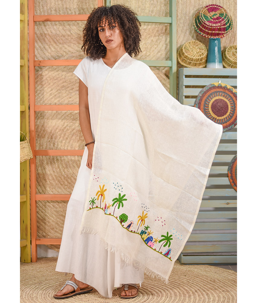 White Embroidered Linen Shawl handmade in Egypt & available at Jozee Boutique