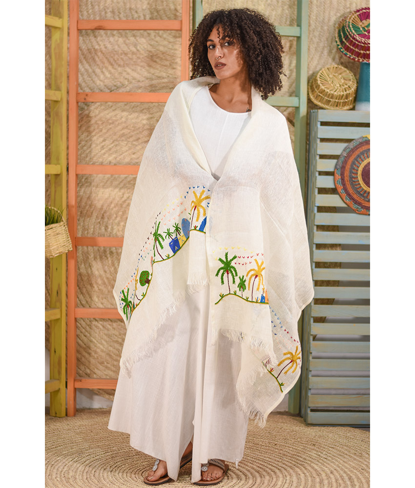 White Embroidered Linen Shawl handmade in Egypt & available at Jozee Boutique
