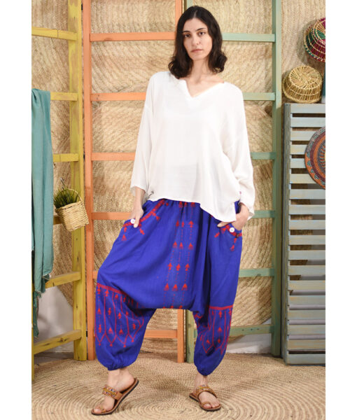 Electric Blue Siwa Embroidered Linen Harem Pants Handmade in Egypt & available at Jozee Boutique