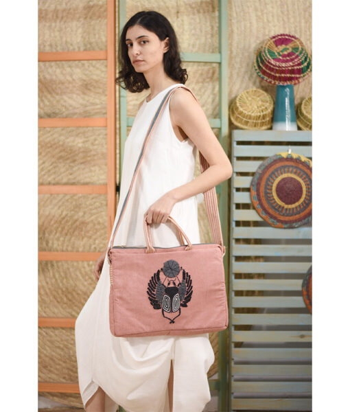 Pink Embroidered Scarab Laptop Bag handmade in Egypt & available at Jozee Boutique.