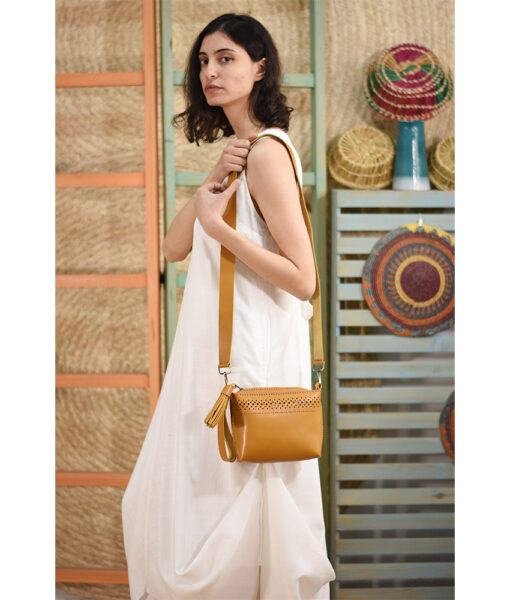 Camel Hand Stitched Leather Cross Bag handmade in Egypt and available at Jozee Boutique.