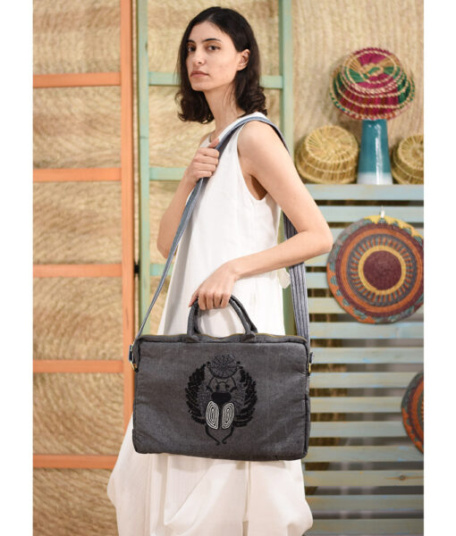 Grey Embroidered Scarab Laptop Bag handmade in Egypt & available at Jozee Boutique.