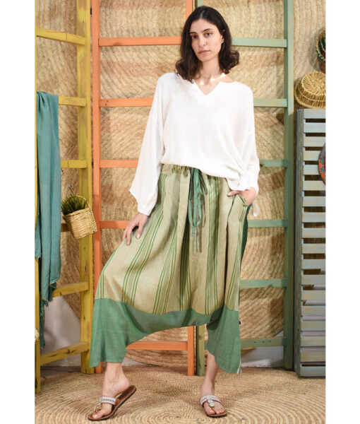 Shades of Green Viscose Harem Pants handmade in Egypt & available at Jozee Boutique.