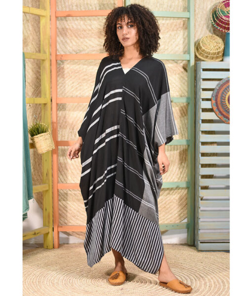 Grey & black Handwoven Viscose Long Kaftan Handwoven Viscose Top made in Egypt & available in Jozee boutique