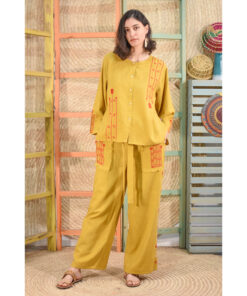 Mustard Linen Siwa Embroidered Set handmade in Egypt & available at Jozee boutique