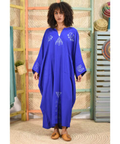 Electric Blue Hand Painted Linen Kaftan Handmade in Egypt & available at Jozee Boutique