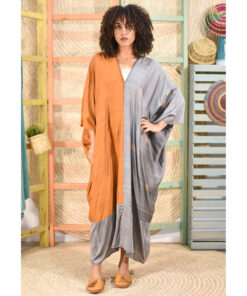 Grey & Burnt orange Handwoven Viscose Long Kaftan Handwoven Viscose Top made in Egypt & available in Jozee boutique