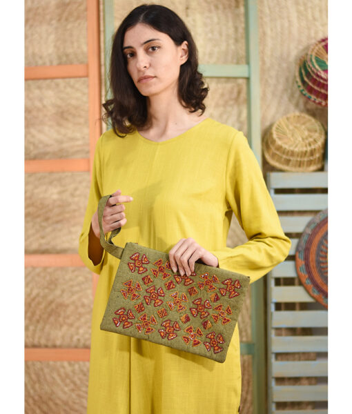 Green Embroidered Clutch handmade in Egypt & available at Jozee Boutique.