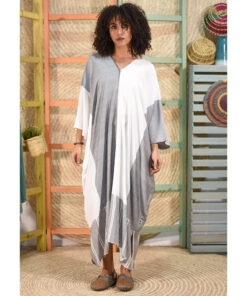 Grey & White Handwoven Viscose Long Kaftan Handwoven Viscose Top made in Egypt & available in Jozee boutique