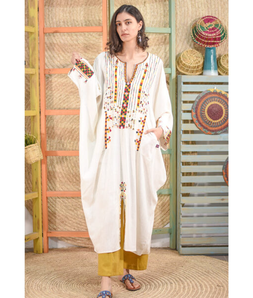 Off White Siwa Embroidered Linen Kaftan handmade in Egypt & available at Jozee boutique