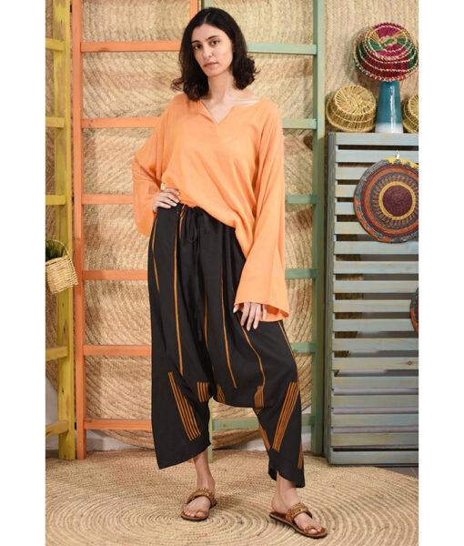 Black & Burnt Orange Viscose Harem Pants handmade in Egypt & available at Jozee Boutique.