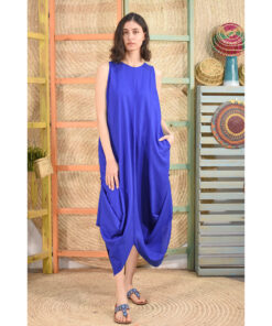 Electric blue Linen Tent Dress With Side Buttons handmade in Egypt & available at Jozee boutique