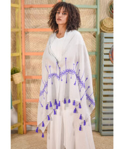 White Siwa Embroidered Handwoven Egyptian Cotton Light Shawl Handmade in Egypt & available at Jozee Boutique