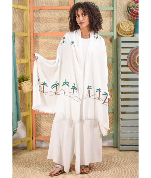 White Siwa Embroidered Handwoven Viscose Shawl Handmade in Egypt & available at Jozee Boutique