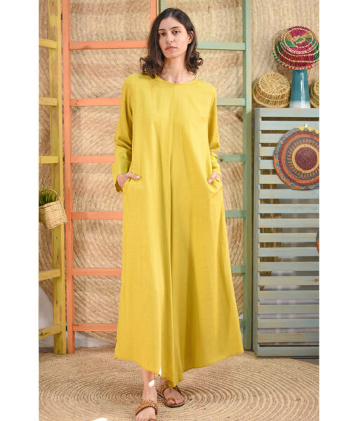 Mustard Linen Tent Dress With Side Buttons handmade in Egypt & available at Jozee boutique