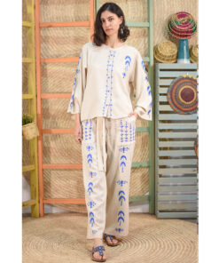 Beige Linen Siwa Embroidered Set handmade in Egypt & available at Jozee boutique