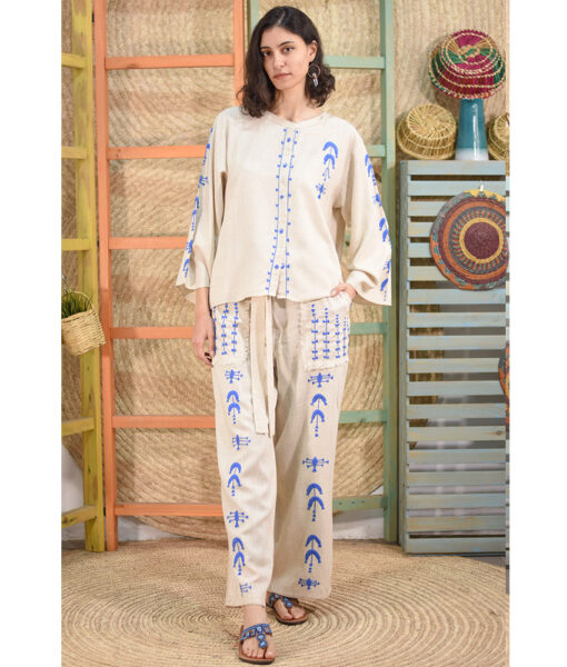 Beige Linen Siwa Embroidered Set handmade in Egypt & available at Jozee boutique