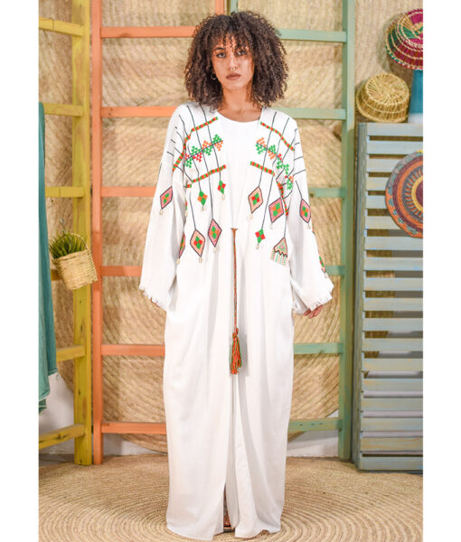 White Siwa Embroidered Handwoven Linen Cardigan handmade in Egypt & available at Jozee boutique