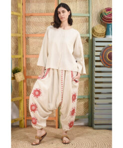 Off White Siwa Embroidered Linen Harem Pants Handmade in Egypt & available at Jozee Boutique