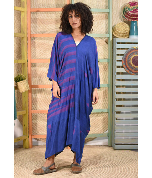 Blue & Fuchsia Handwoven Viscose Long Kaftan Handwoven Viscose Top made in Egypt & available in Jozee boutique