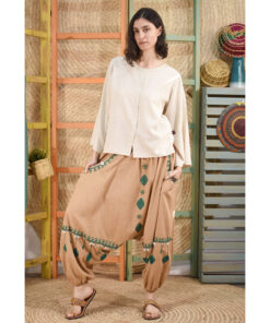 Dark Beige Siwa Embroidered Linen Harem Pants Handmade in Egypt & available at Jozee Boutique