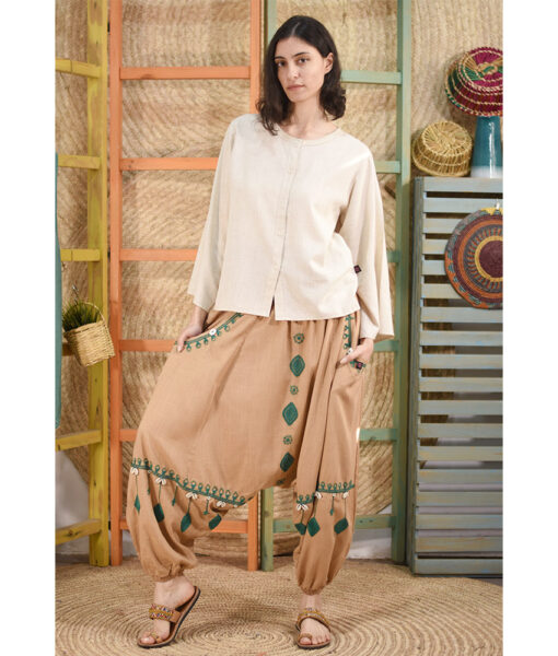 Dark Beige Siwa Embroidered Linen Harem Pants Handmade in Egypt & available at Jozee Boutique