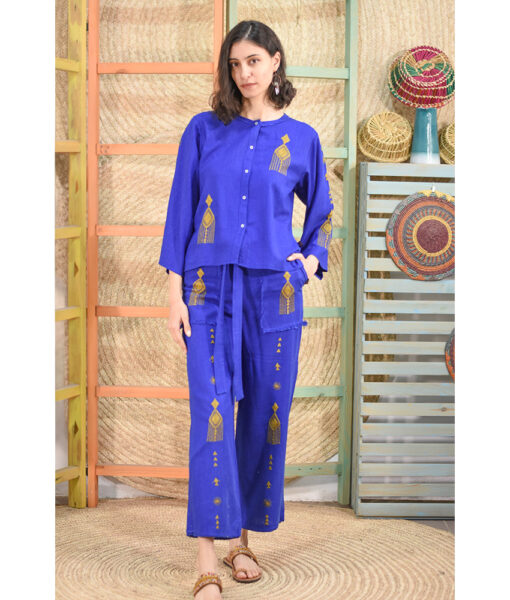 Electric blue Linen Siwa Embroidered Set handmade in Egypt & available at Jozee boutique