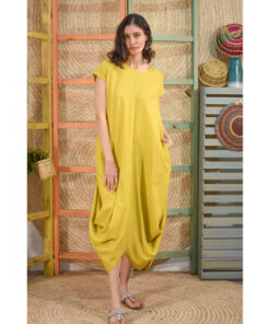 Mustard Linen Tent Dress With Side Buttons handmade in Egypt & available at Jozee boutique