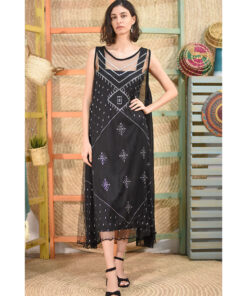 Black Tulle Long Dress with Tally Embroideries handmade in Egypt & available in Jozee Boutique