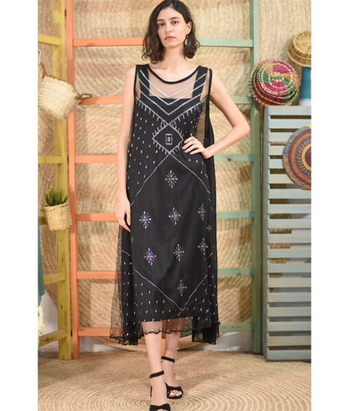 Black Tulle Long Dress with Tally Embroideries handmade in Egypt & available in Jozee Boutique