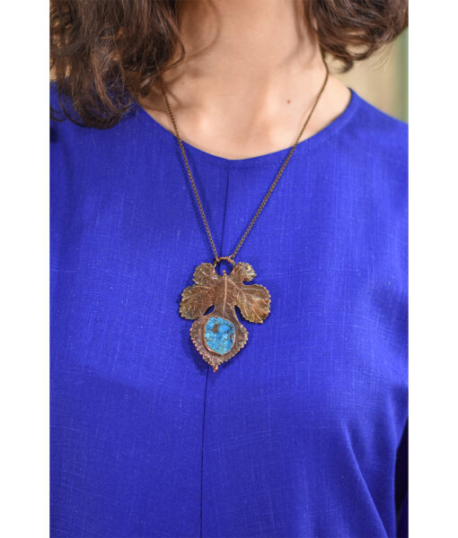 Copper Natural Leaf & Turquoise Necklace handmade in Egypt & available in Jozee Boutique