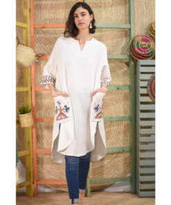 White Linen Tunic/Dress with Hand Embroideries handmade in Egypt & available in Jozee Boutique