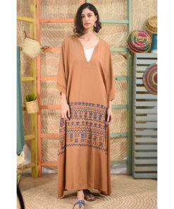Brown Linen Dress with Hand Embroideries handmade in Egypt & available in Jozee Boutique