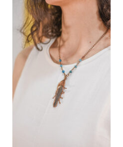 Copper Pigeon Feather Necklace with Blue Apatite handmade in Egypt & available in Jozee Boutique