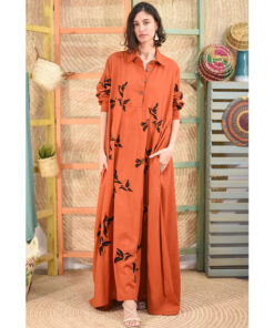 Orange Linen Dress with Hand Embroideries handmade in Egypt & available in Jozee Boutique